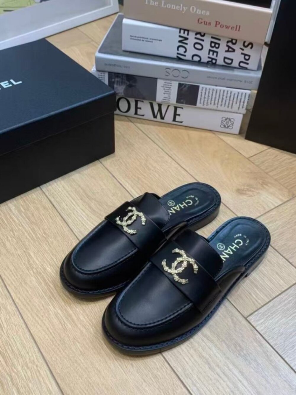 Chanel Black Leather Loafer Mules